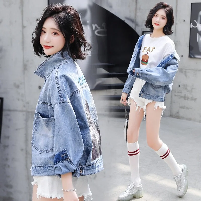Women Denim Jacket Coat Autumn 2019 New Long Sleeves Jeans Jackets Print Tops Casaco Feminino Single Breasted Casual Coat