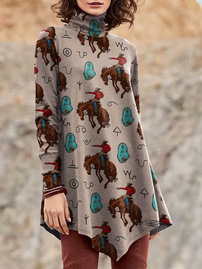 Vintage Print Turtleneck Irregular Top