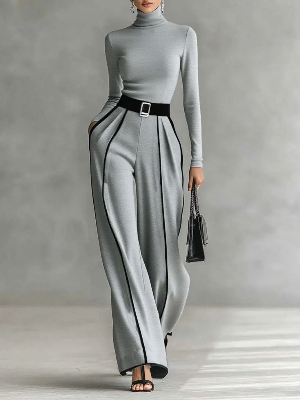 Casual Color-Block Turtleneck Two Piece Set