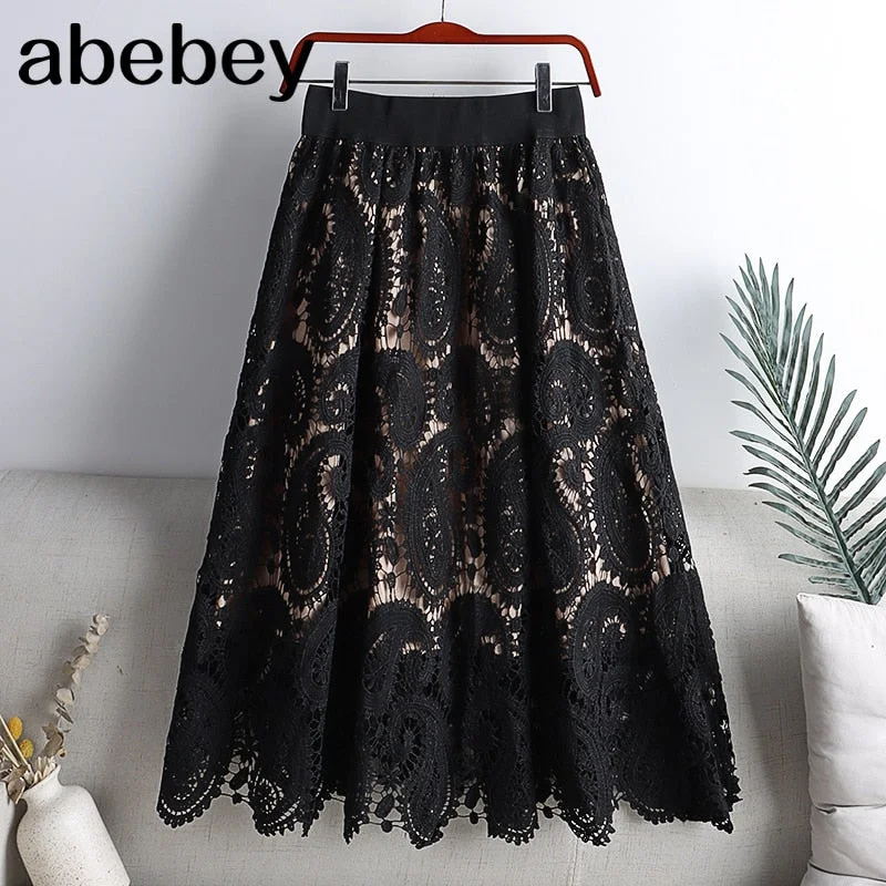 Spring Summer Lace Pleated Women's Long Skirts Elegant High Waist Female Multicolors Umbrella Maxi Party Skirts  New