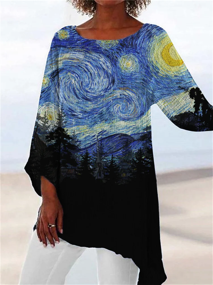 Starry Night Forest Silhouette Contrast Flowy Tunic