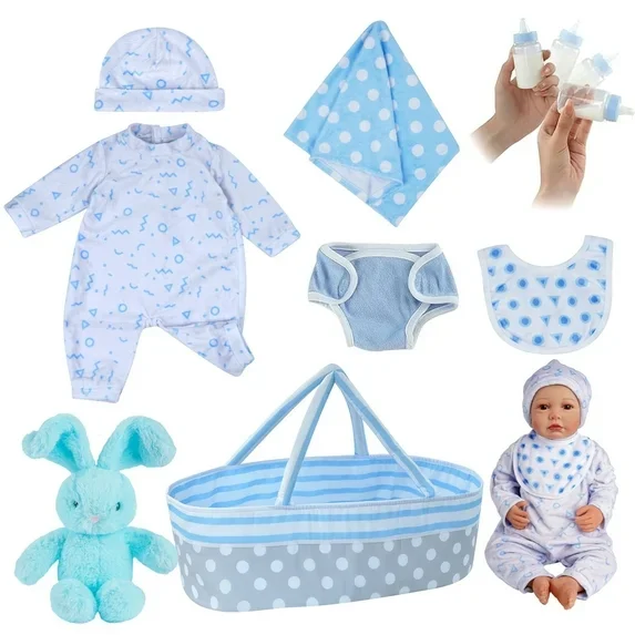 Rsgdolls RSG Baby Clothes & Bassinet Set for 17-22 inch Reborn - Blue 8pc Outfit Accessories：Realistic Reborn Baby Dolls By Rsgdolls®