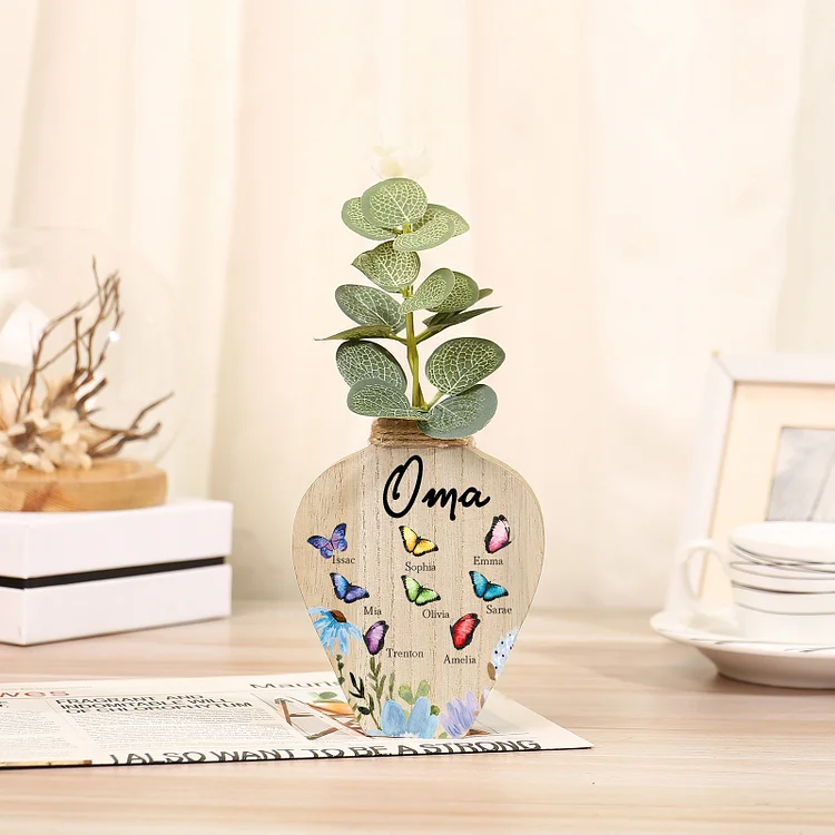 Kettenmachen Holz Personalisierter 8 Namen & Text Bunt Schmetterling & Blumen Familie Vase