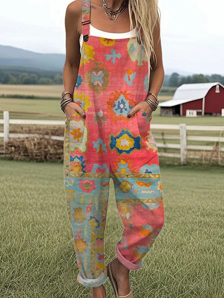 Women's Vintage Art Print Casual 100% Cotton Wide Leg Jumpsuit