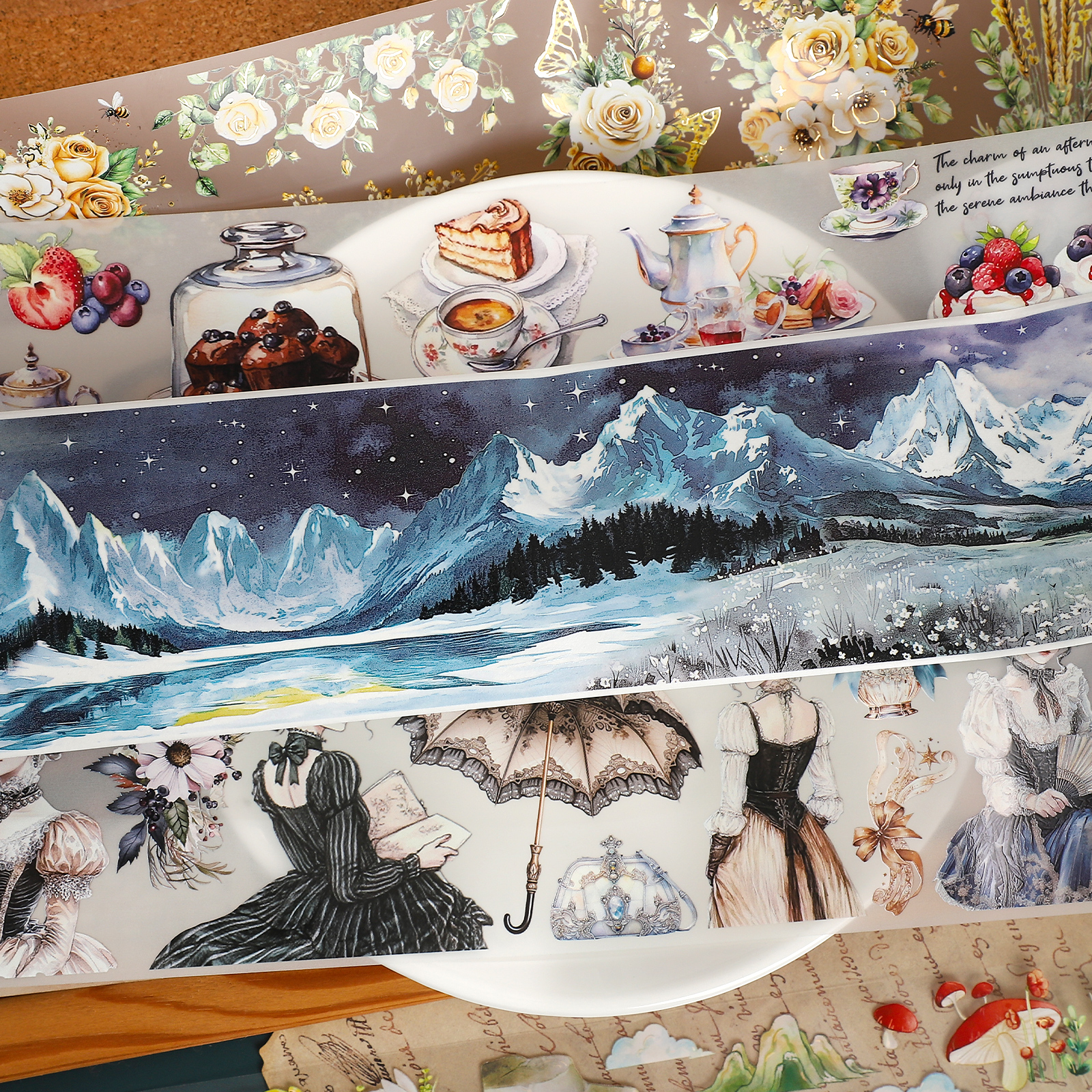 PET 테이프 - 200cm/롤 빈티지 사이버 캐릭터 플라워 마운틴 케이크