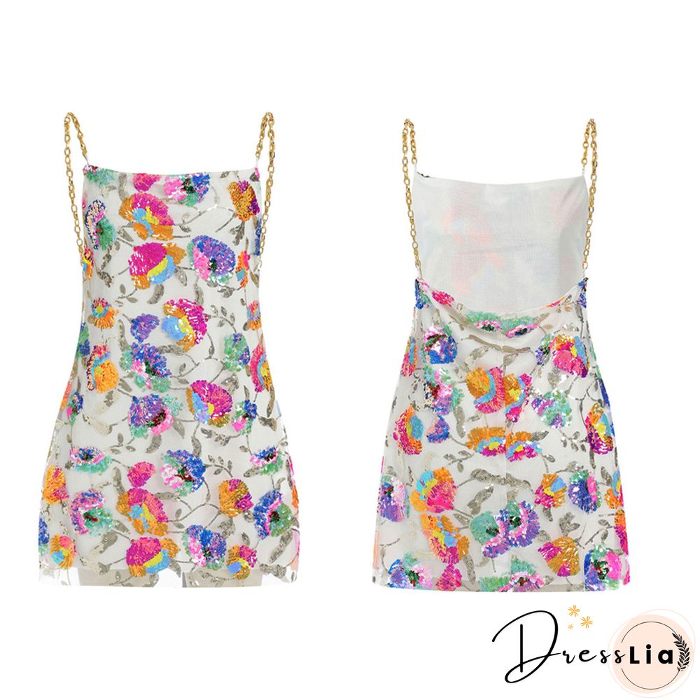 High Quality Ladies Inlaid Sequins Halter Backless Dress Sleeveless Chain Sling Dress Pink White Black Orange