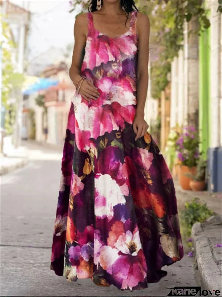 Bohemian Style All-Over Floral Print Scoop Neck Flare Full-Length Dress