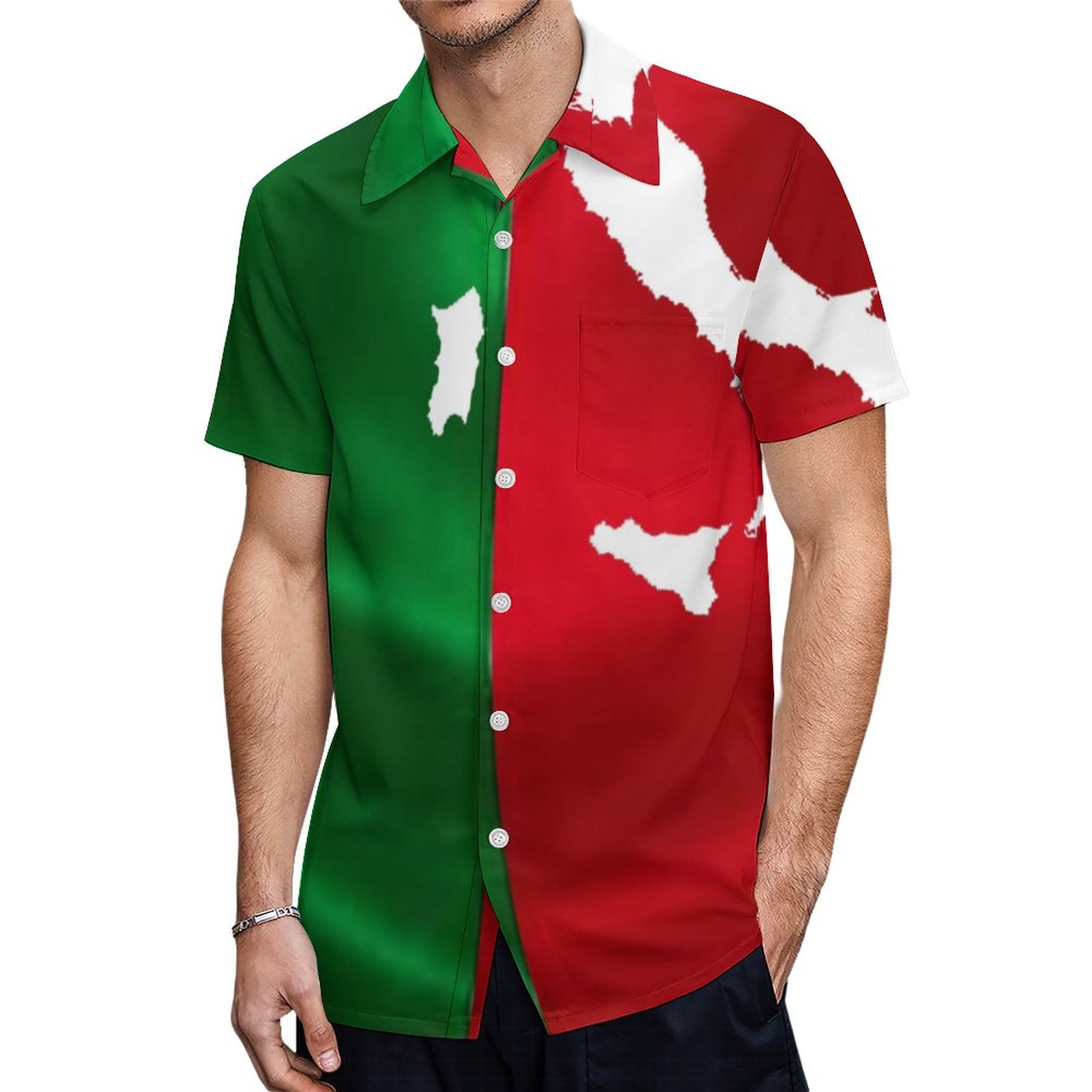Italy Italia Map Red Green White Flag Pattern Hawaiian Shirt Mens Button Down Tropical Hawaii Beach Shirts