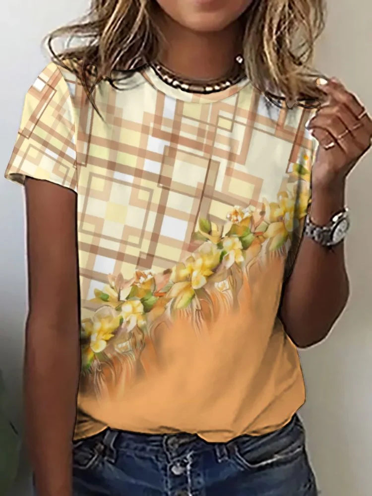 Printed Short Sleeve Casual T-shirt for  Women and Men Unisex Pattern Yellow,Plaid,Floral