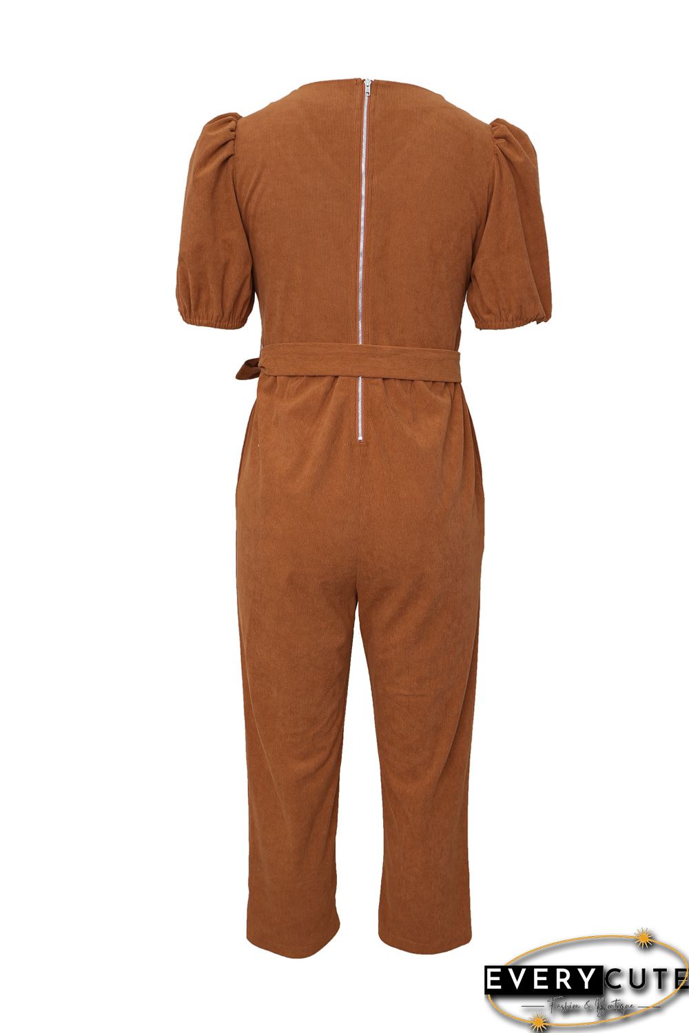 Brown Tie Knot Puff Sleeve Straight Leg High Rise Jumpsuit