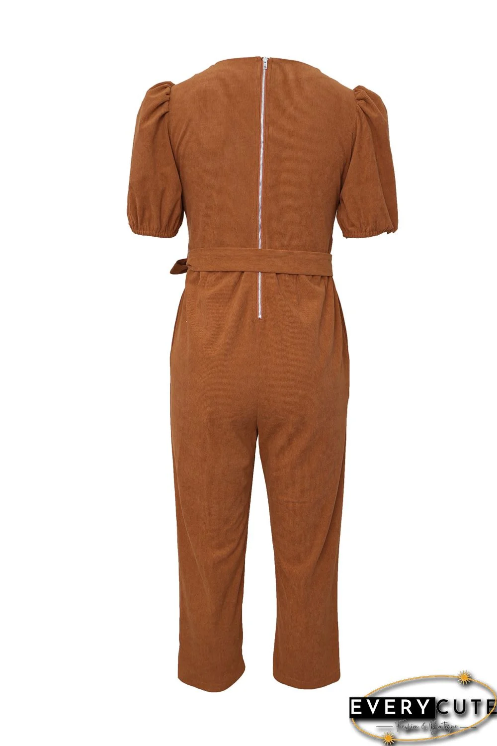 Brown Tie Knot Puff Sleeve Straight Leg High Rise Jumpsuit