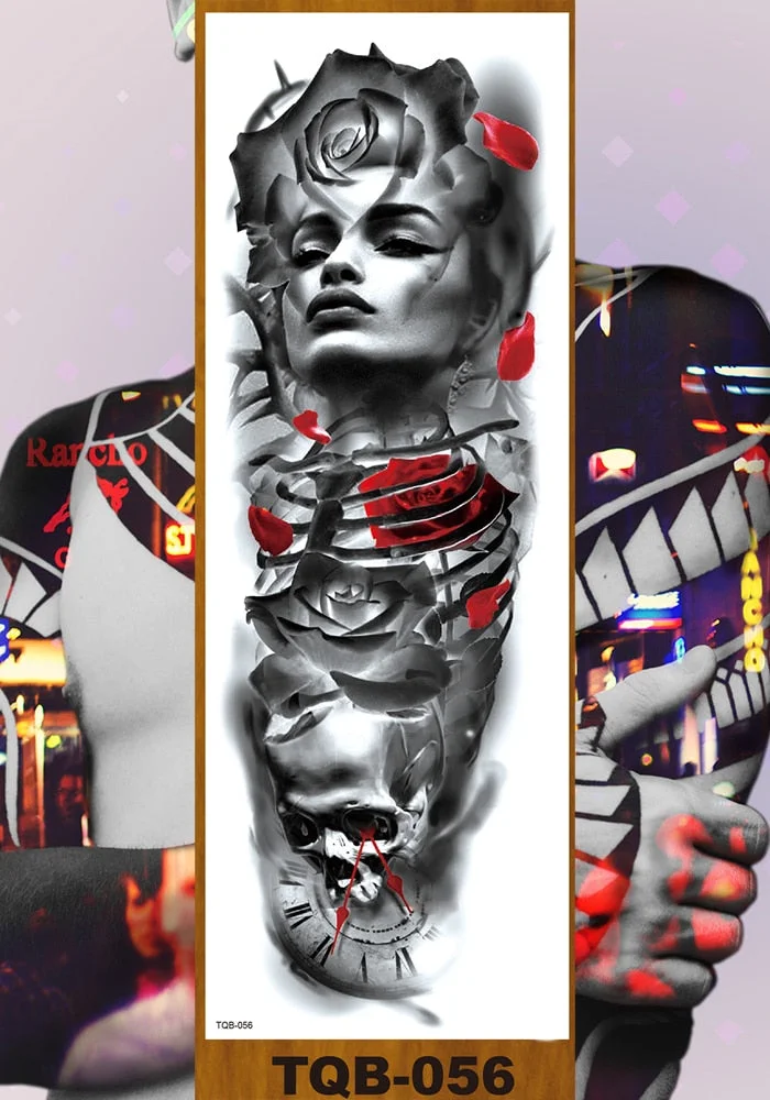 Full Flower Arm Temporary Tattoo Sticker Man Woman Body Leg Art Fake Tatoo Beauty & Snake Bear Owl Fox Mermaid Egypt Queen Sexy