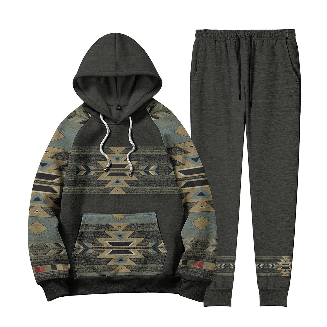 Casual Western Style Ethnic Print Army Green Tracksuit Two Piece Set