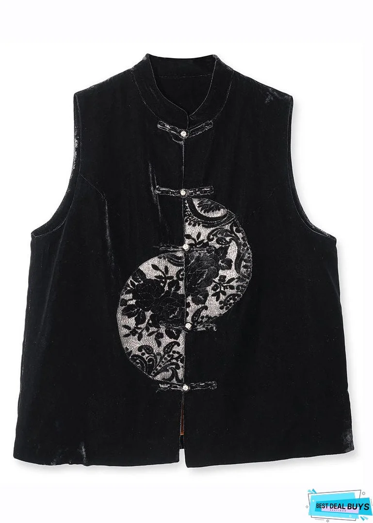 Unique Black Embroideried Patchwork Button Silk Velour Waistcoat Fall