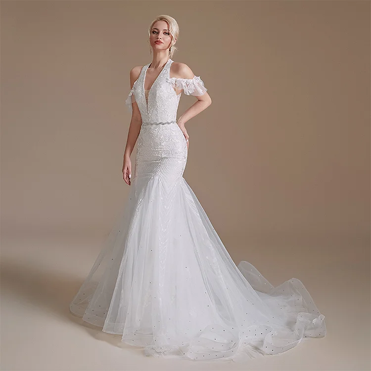 Women Halter Mermaid Wedding Dress Lace Appliques Pearls Crystal Bride Gown