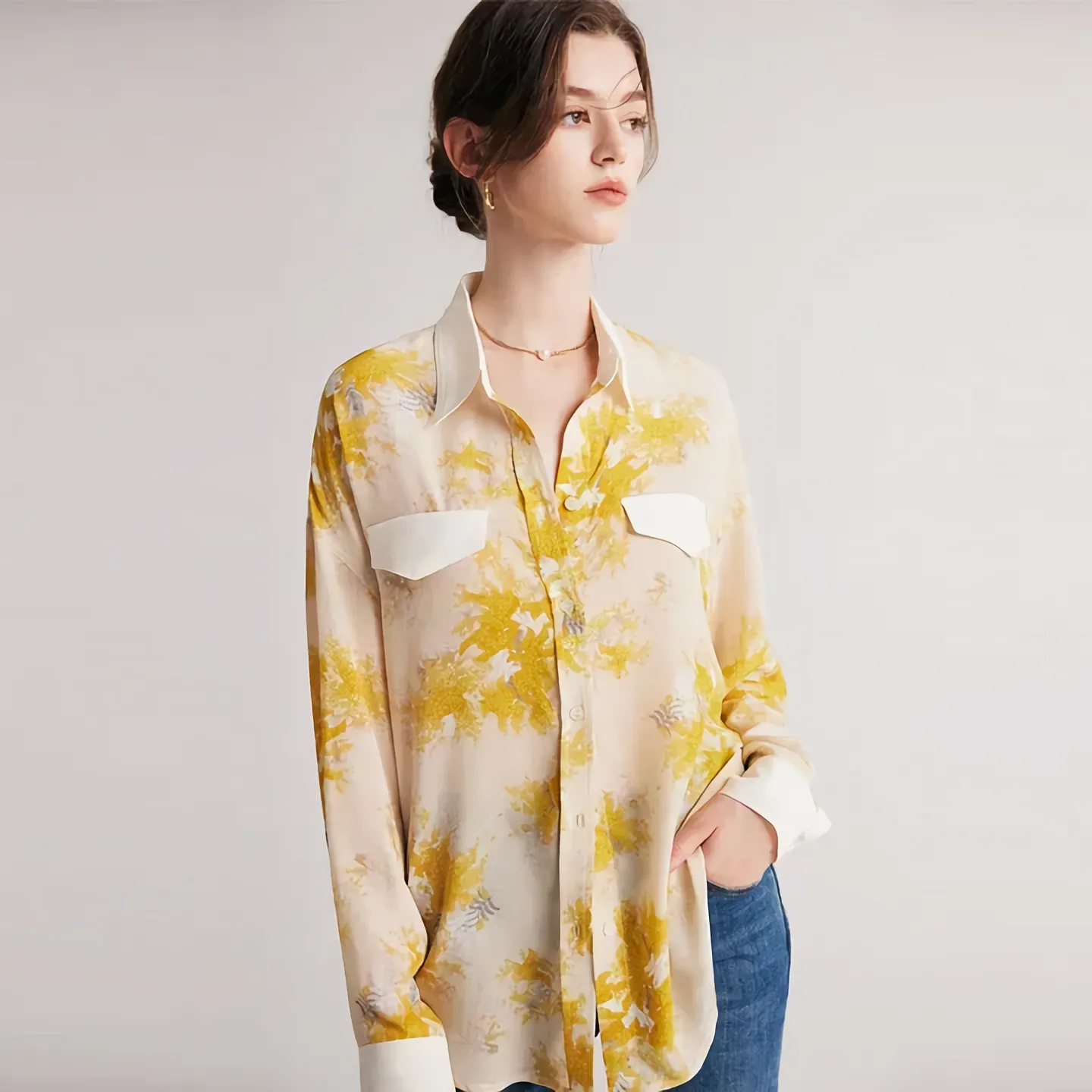 Crepe Silk Blouse Shirt Yellow Floral For Women REAL SILK LIFE