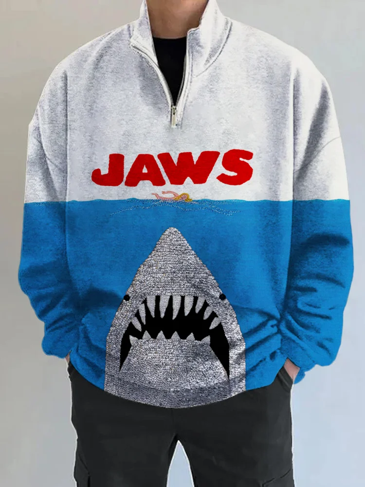 Ocean Killer Shark Jaws Print Collar Zipper Sweatshirt