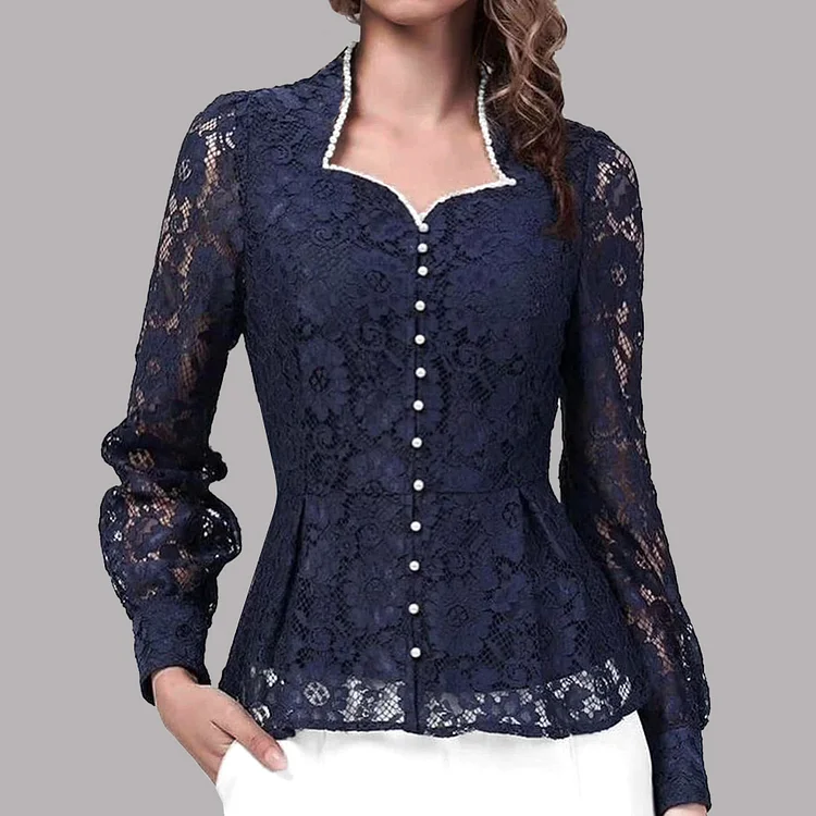 Elegant Lace Floral Button Long Sleeve Blouse