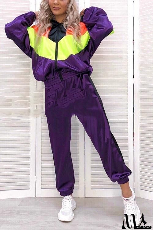 MidiSono - Color Block Zipper Hoodie Pants Set