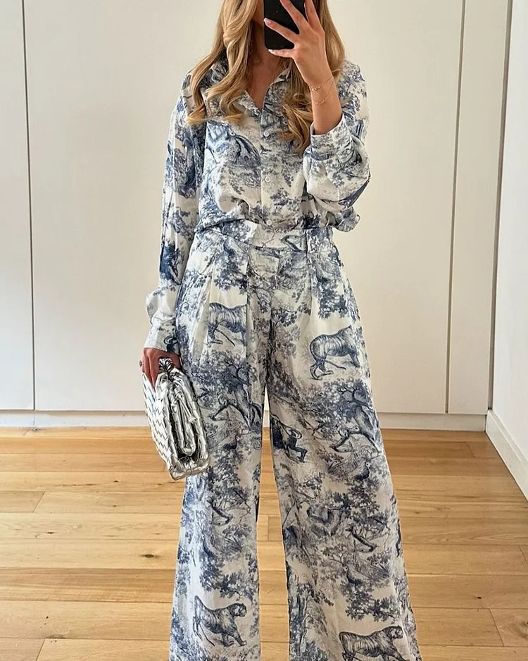 Lapel long-sleeved printed two-piece suit