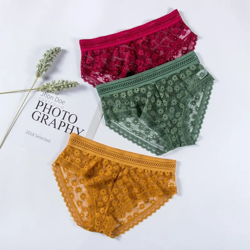 Sexy Lace Panties For Women Underwear Fashion Lingerie Low-Rise Breathable Underpants Female Daisy Hollow Transparent Briefs