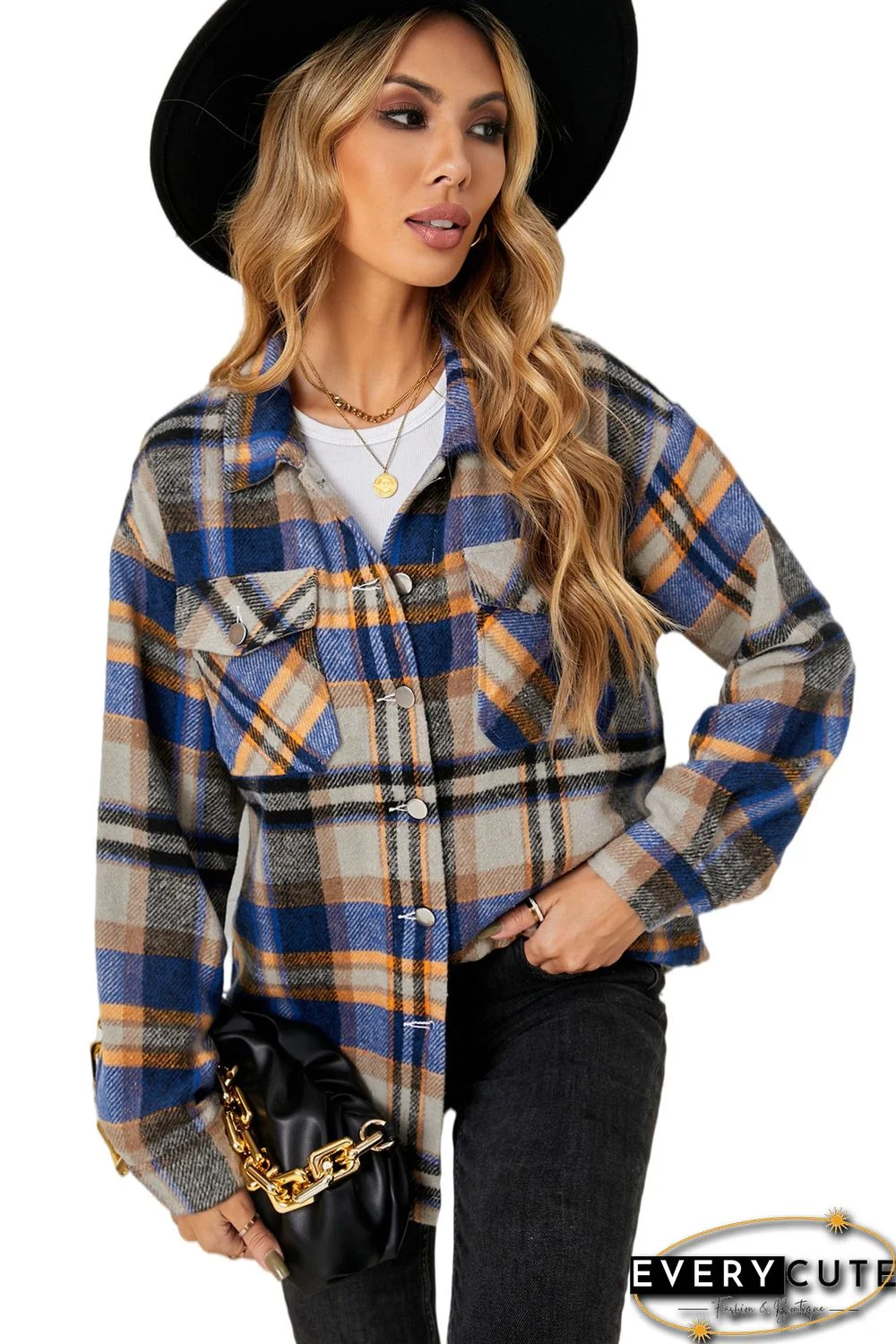 Geometric Plaid Print Pocketed Shirt