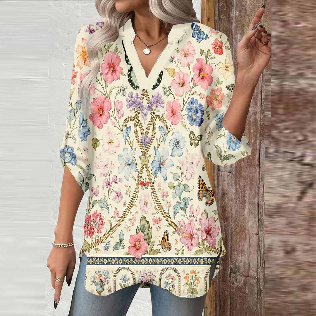Women Floral, Butterfly, Pink, Blue DZGA0154 3/4 Sleeve V-neck Printed Graphic Button Tops