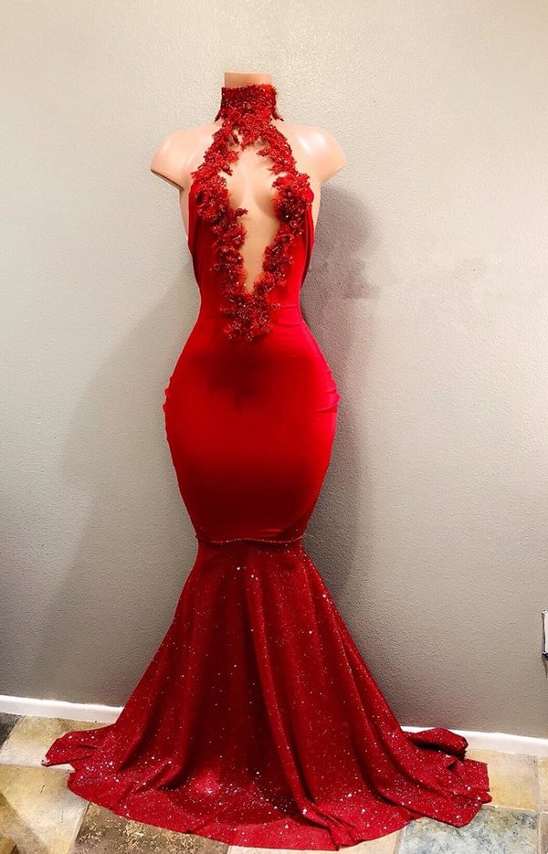 Red High Collar Prom Dress Mermaid Sequins PD0645