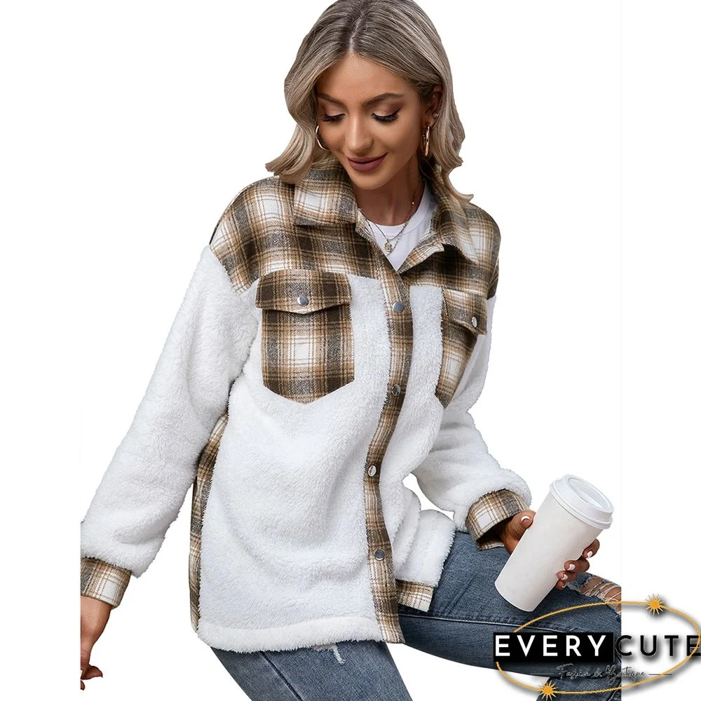 Khaki Splice Plaid Print Plush Casual Shirt Jacket