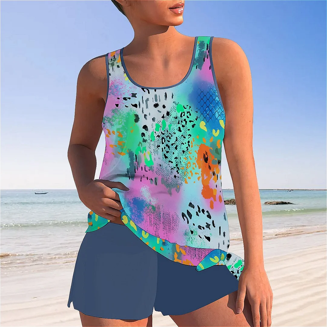 Bowknot Watercolor,Pink,Green Mid Waisted Tankini Set - Plus Size Available