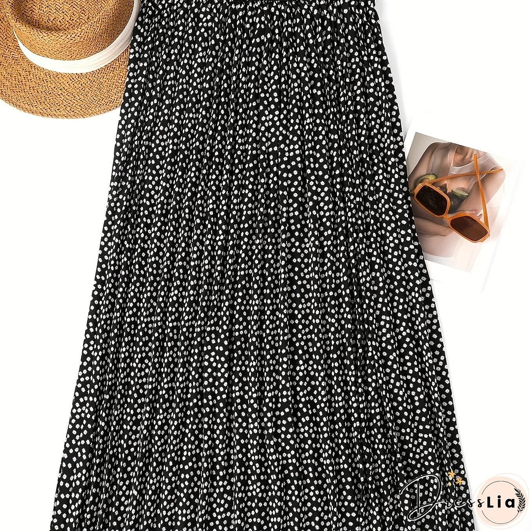 Plus Size Casual Skirt, Women's Plus Dot Print High Rise Slight Stretch Maxi Skirt