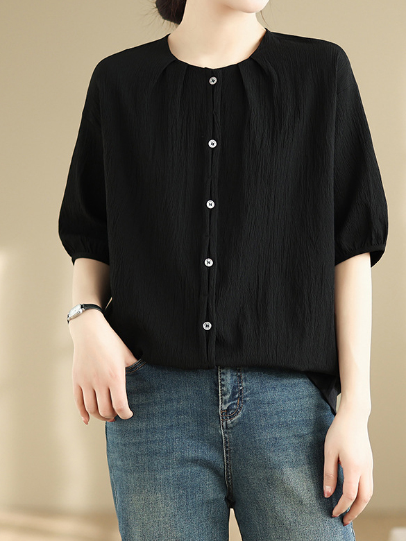 Pleated Detail Round Neck Single Row Button Solid Color Top