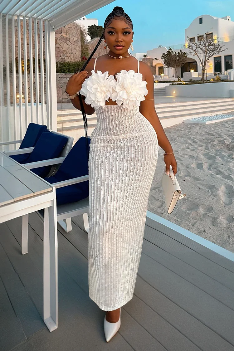 3D Flower Decor Jacquard Slim-Fit Party Slip Maxi Dresses-White [Pre Order]