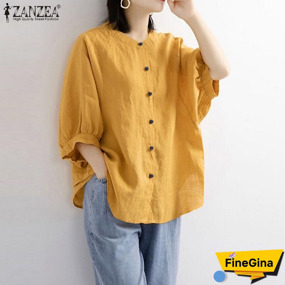 ZANZEA Cotton Tops Spring Autumn Shirt 3/4 Sleeve Single Breasted Button Shirt Blouse Vintage Clothes
