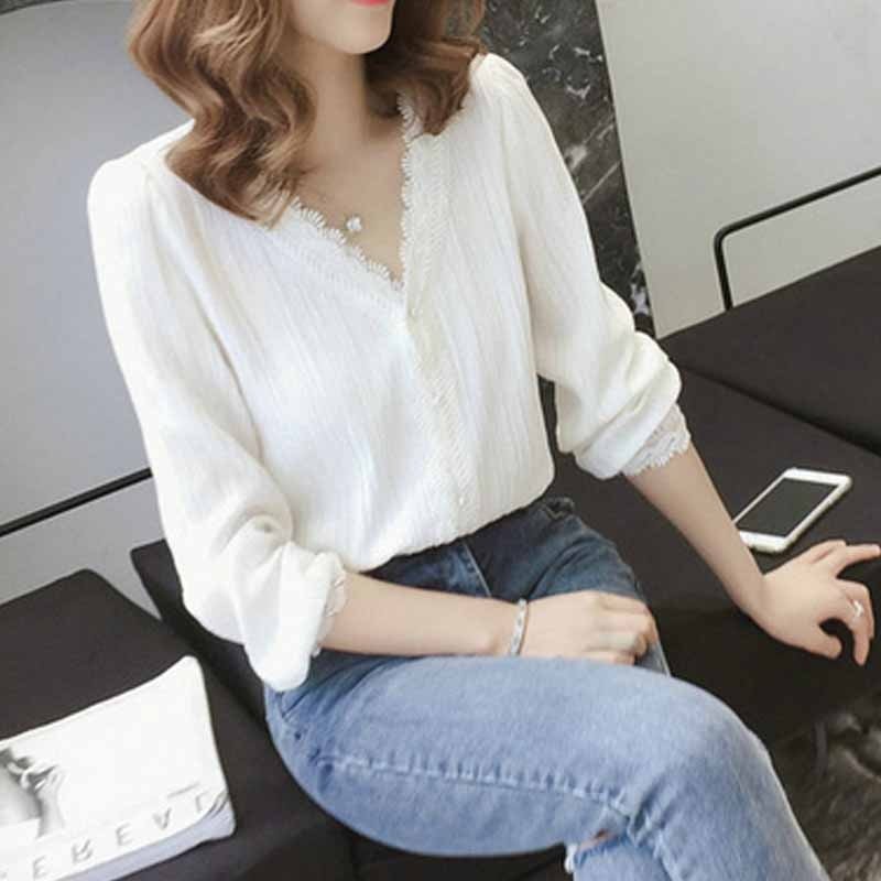 2020 Autumn Striped Lace Tops Cardigan Plus Size White Yellow Shirt V-Neck Long Puff Sleeve Solid Women's Blouse Blusas 11087