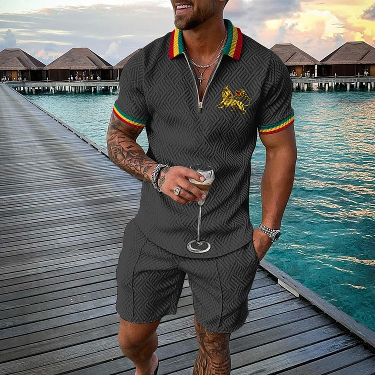 VChics Men's Contrasting Stripes Rasta Lion Polo Shirt And Shorts Co-Ord