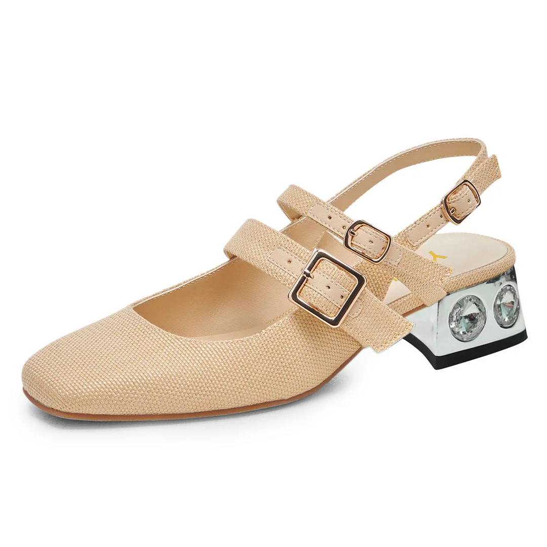 Vegan Leather Square Toe Woven Slingback Decorative Heel Nude Loafers