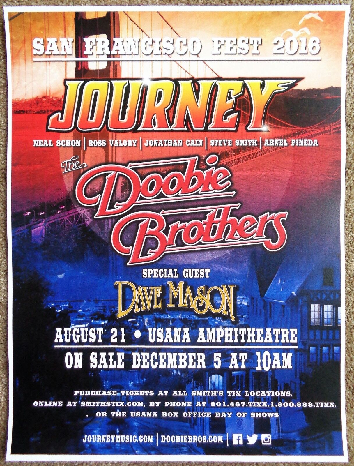 JOURNEY & DOOBIE BROTHERS 2016 Gig POSTER Salt Lake City Concert Utah