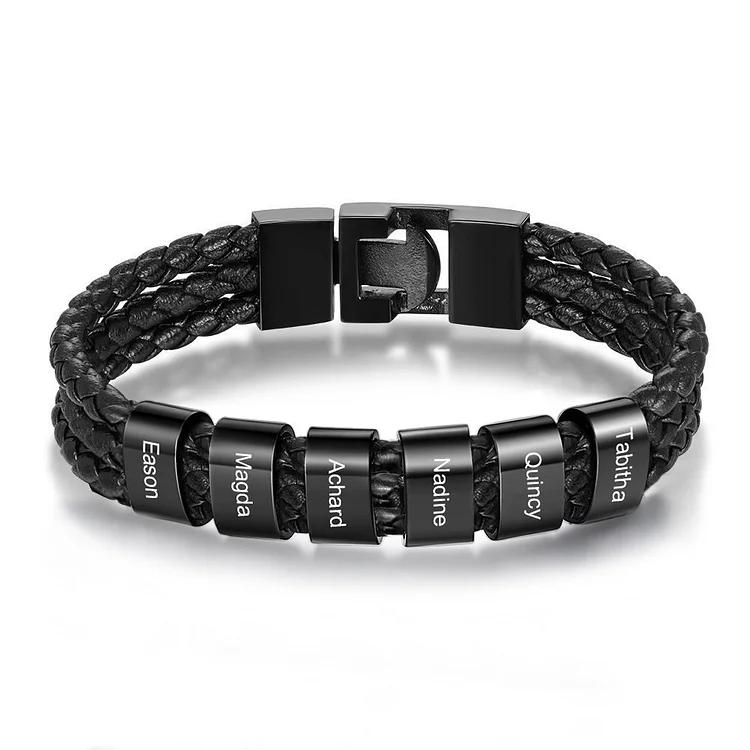 Men Leather Bracelet with 6 Beads Engraved 6 Names Three Layers Bracelet