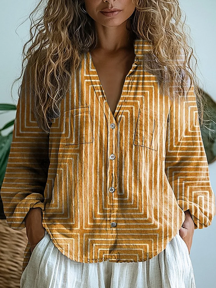 Modern Geometric Pattern Printed Women's Casual Long Sleeve Comfortable Cotton Shirt