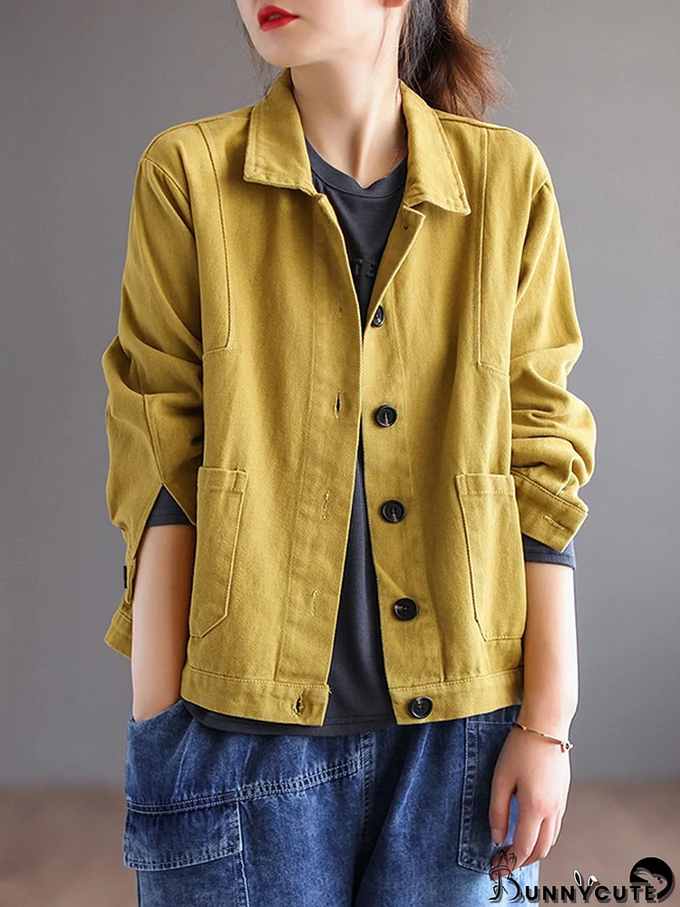 Vintage Loose Long Sleeves Buttoned Solid Color Lapel Collar Outerwear