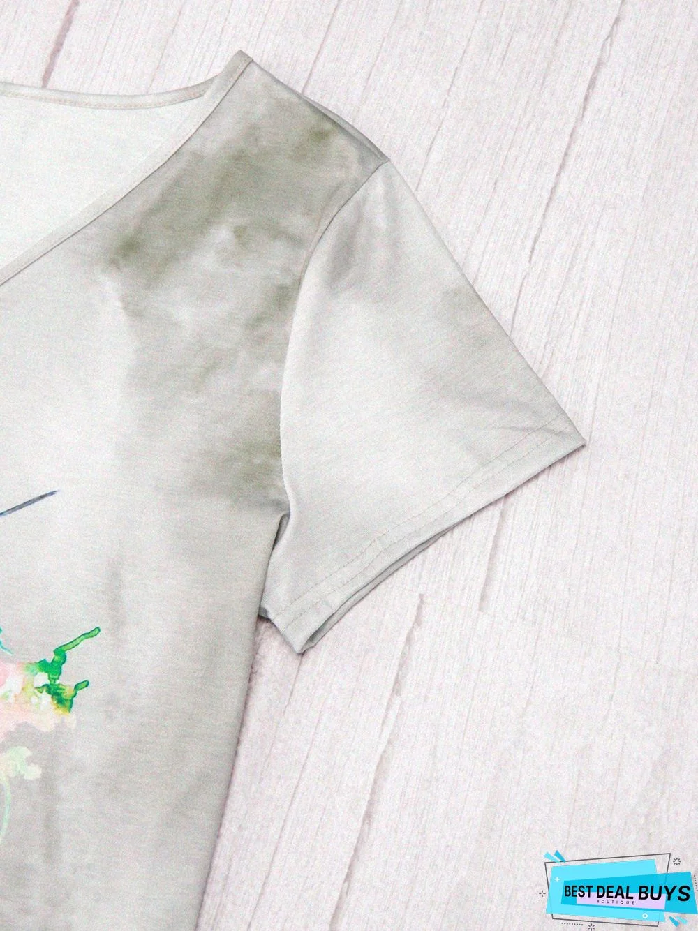 Bird Print V Neck Cotton-Blend Short Sleeve T-Shirts