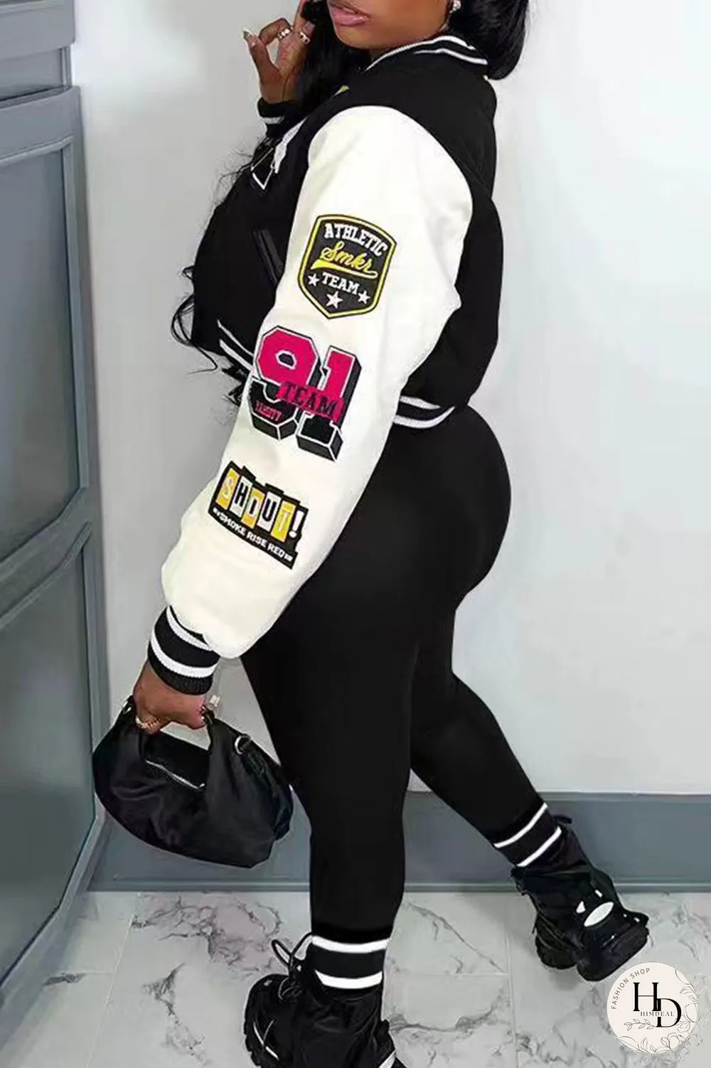 Rose Red Casual Letter Print Patchwork Cardigan O Neck Long Sleeve Two Pieces