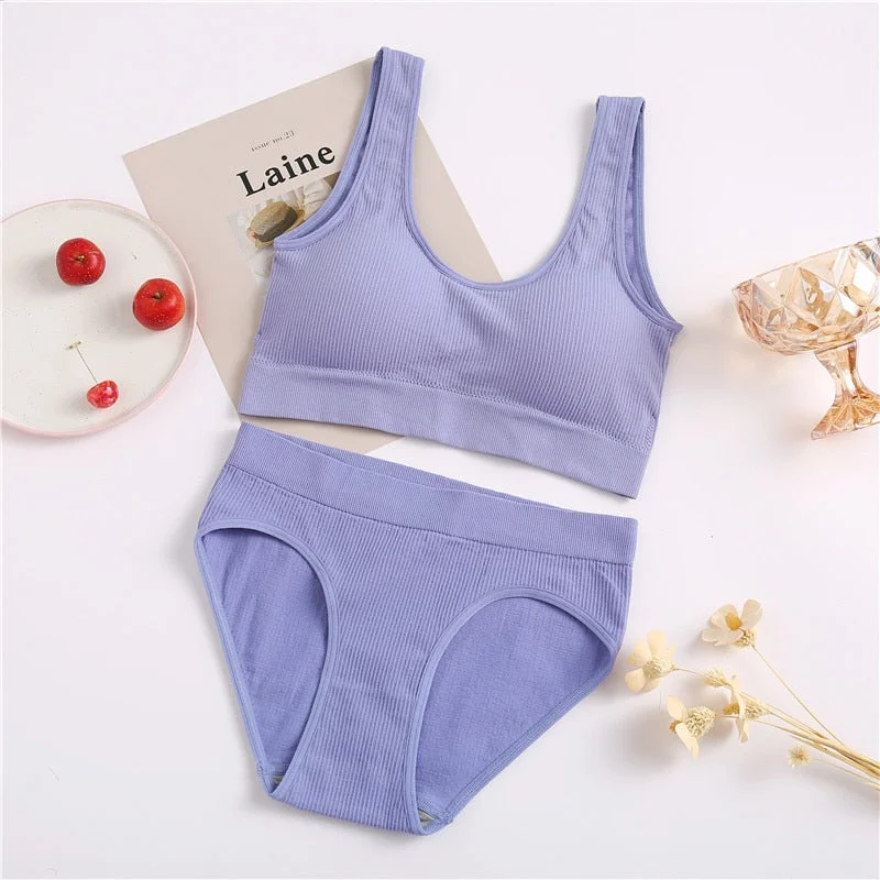 FINETOO Seamless Tops Set High Waist Panties Women Wireless Underwear Suit Soft Padded Bras Set S-XL Backless Bralette Lingerie