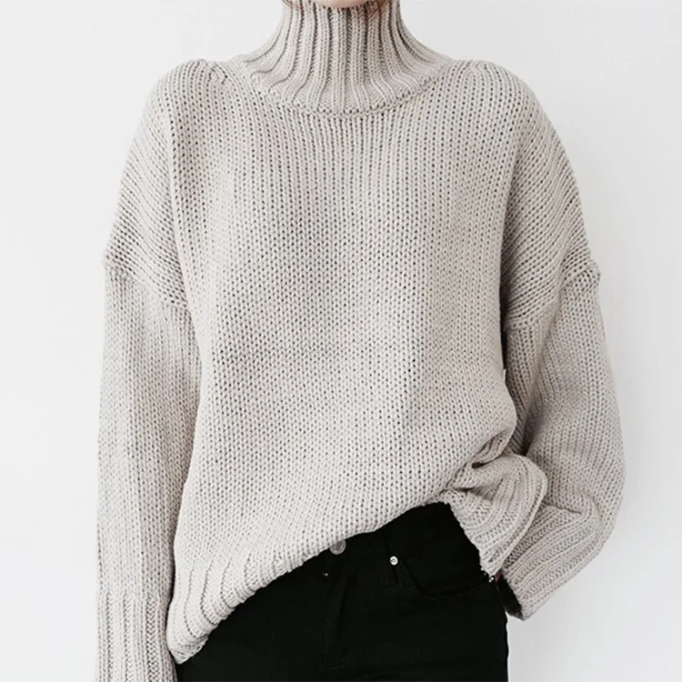 Retro Long Sleeve Solid Color Turtleneck Pullover Sweater