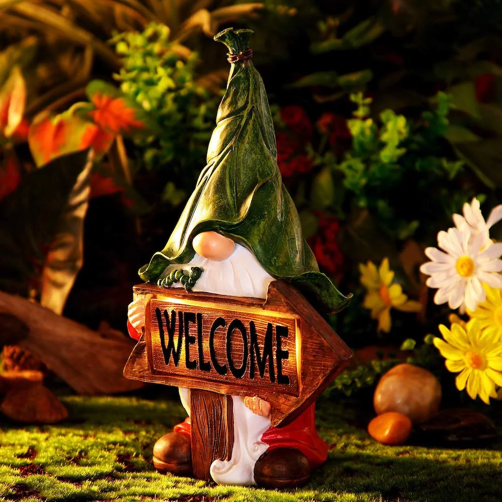 Gnome Statue Holding Welcome Sign with Solar LED Lights