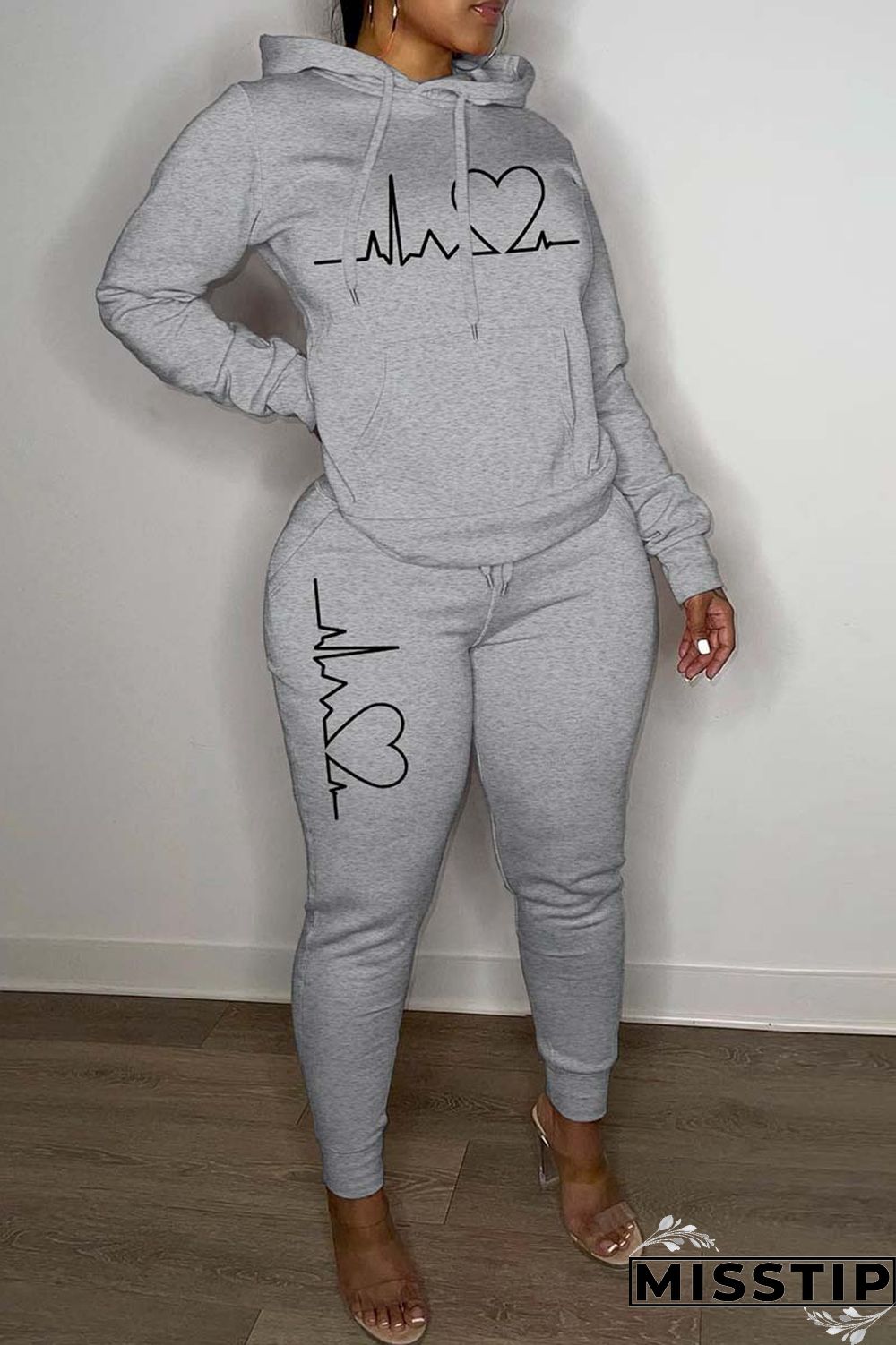 Black Casual Print Basic Hooded Collar Long Sleeve Two Pieces