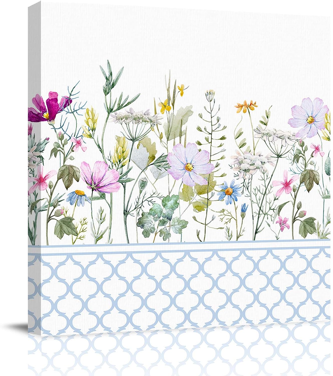 Canvas Wall Art for Living Room Spring Flower Field Moroccan Plaid Canvas Prints Picture Framed Wall Decor for Holiday Bedroom Bathroom Framhouse Office Kitchen Home Decoration, 28 inch x28 inch  28 x 28 in