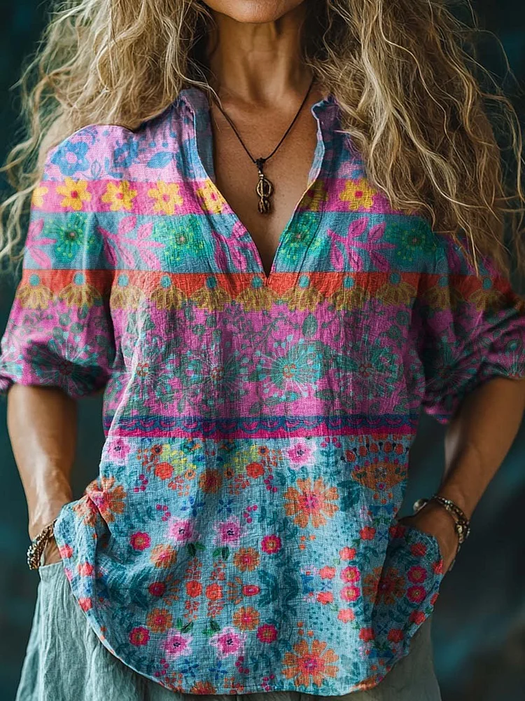 Women's Floral Art Print Casual Linen V Neck Shirt