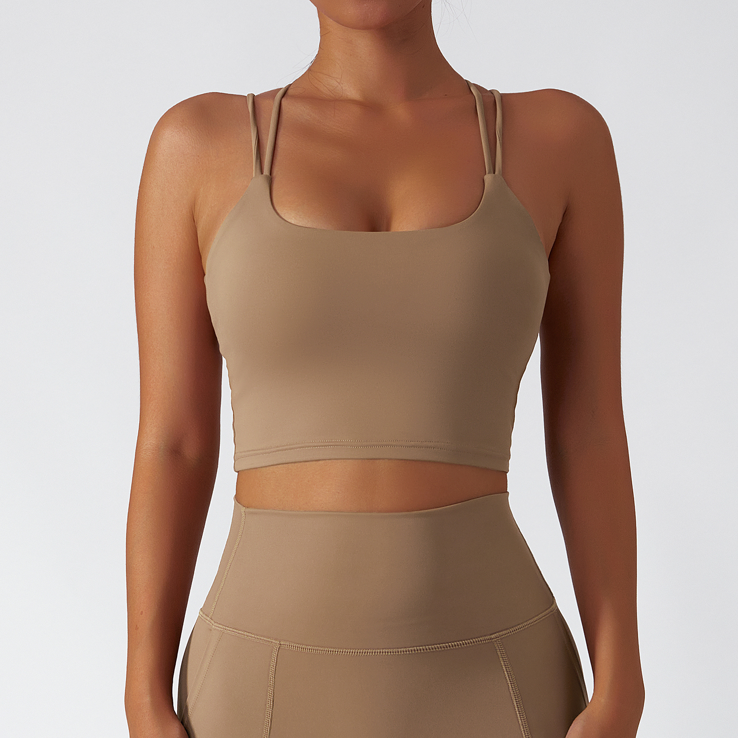 Hergymclothing Camel Brown sustainable recycled material criss cross thin straps breathable sports bra for sale